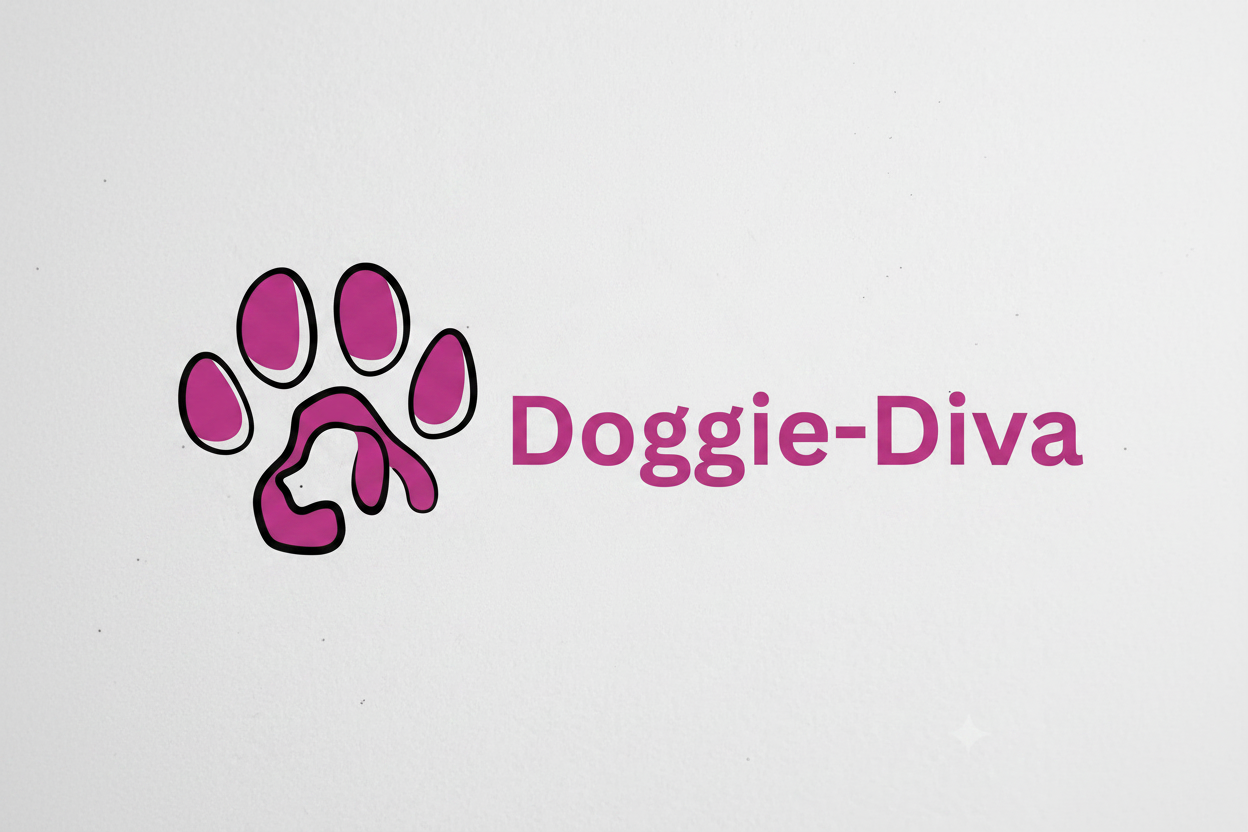 A pink dog paw print logo with the text 'Doggie-Diva' underneath on a light gray background.