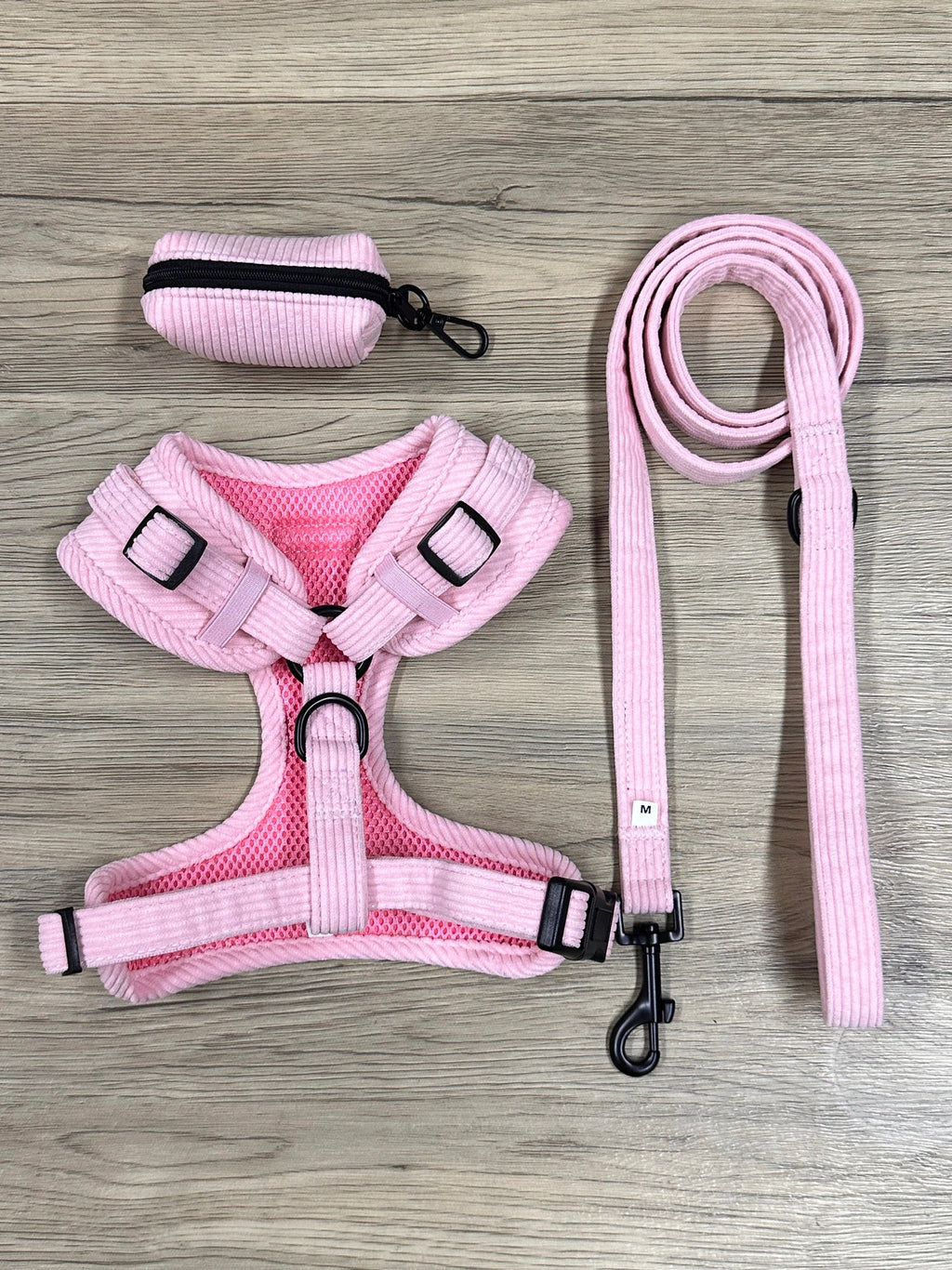 Pink Corduroy Dog Harness, Lead & Poop Bag Dispenser Set