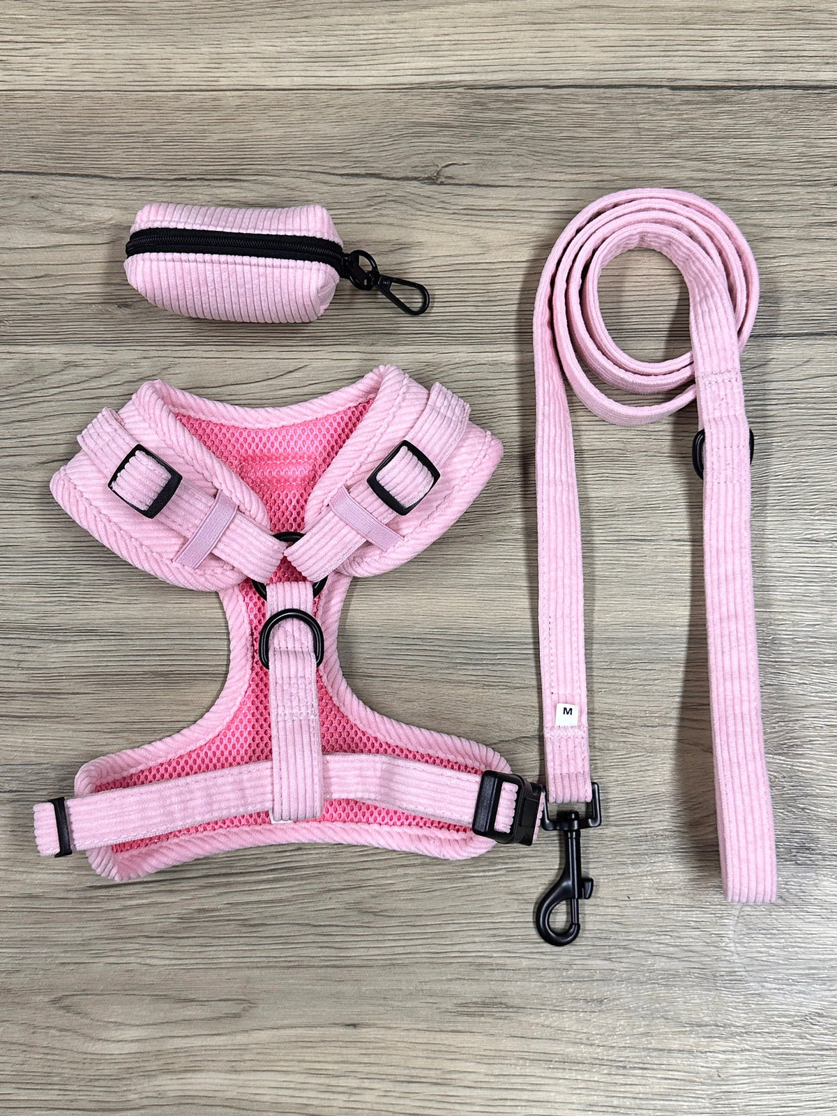 Pink Corduroy Dog Harness, Lead & Poop Bag Dispenser Set